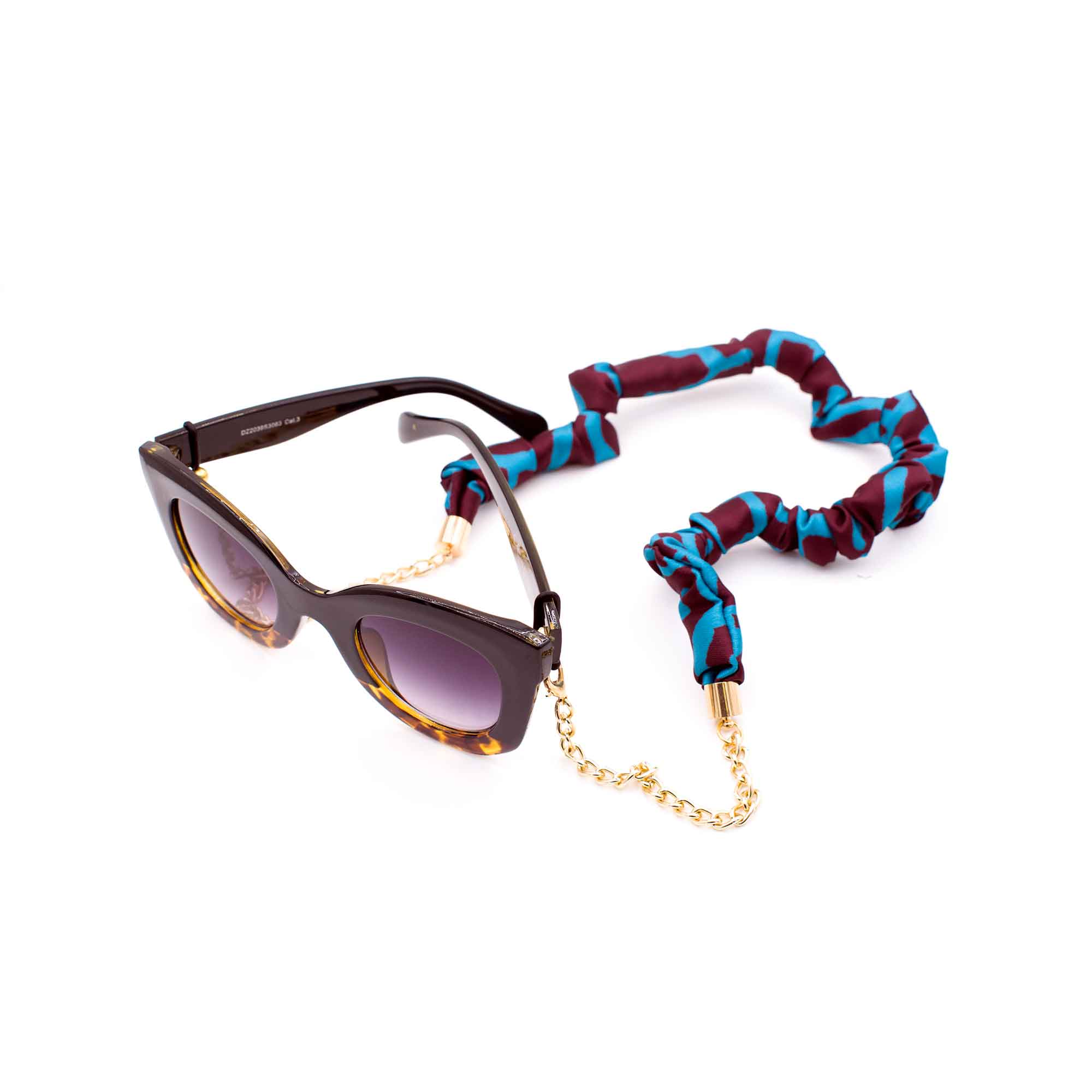 CARINE CHAIN: Λουράκι γυαλιών & μάσκας, τεχνητό μετάξι μπορντό, πετρόλ, μεταλλική αλυσίδα χρώμα χρυσό