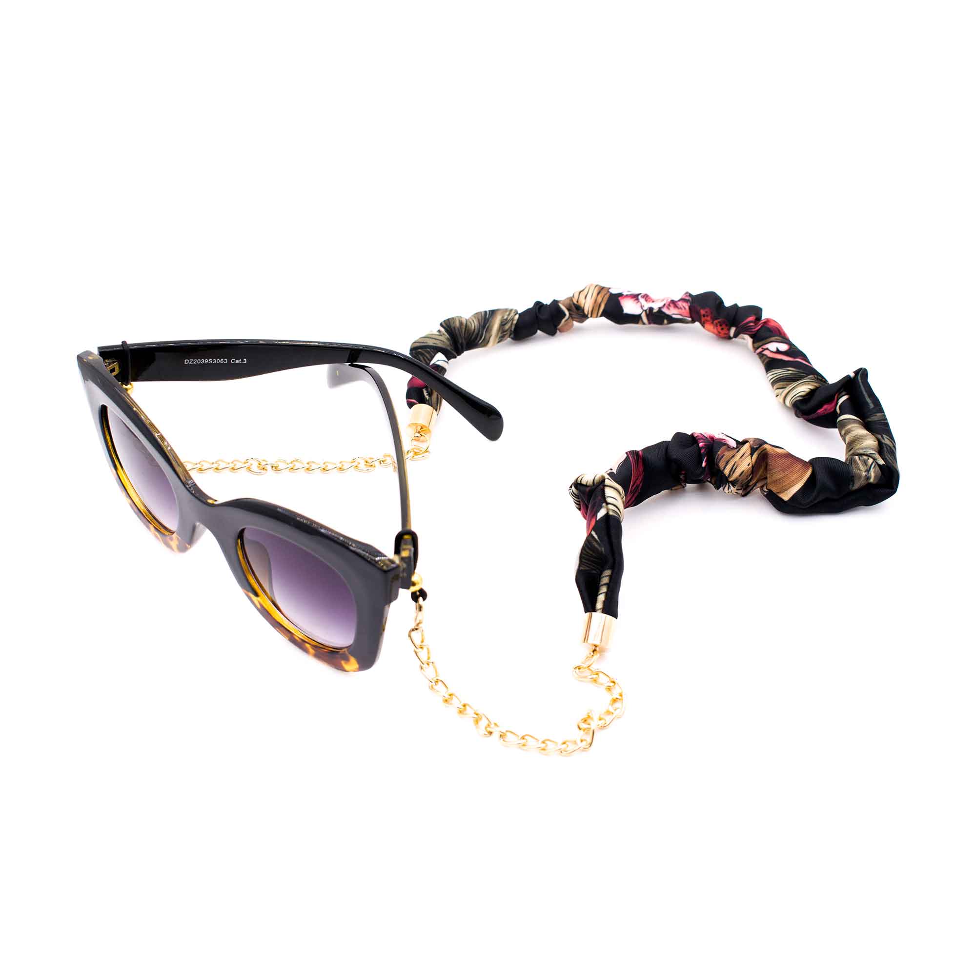 JAQUELINE BLACK CHAIN: Λουράκι γυαλιών & μάσκας, τεχνητό μετάξι μπεζ, λαδί, μεταλλική αλυσίδα χρώμα χρυσό